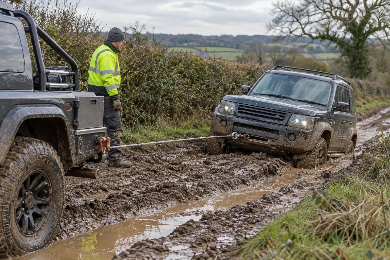 Four-wheel-drive vehicle recovered from a muddy rural track with a safe winch setup