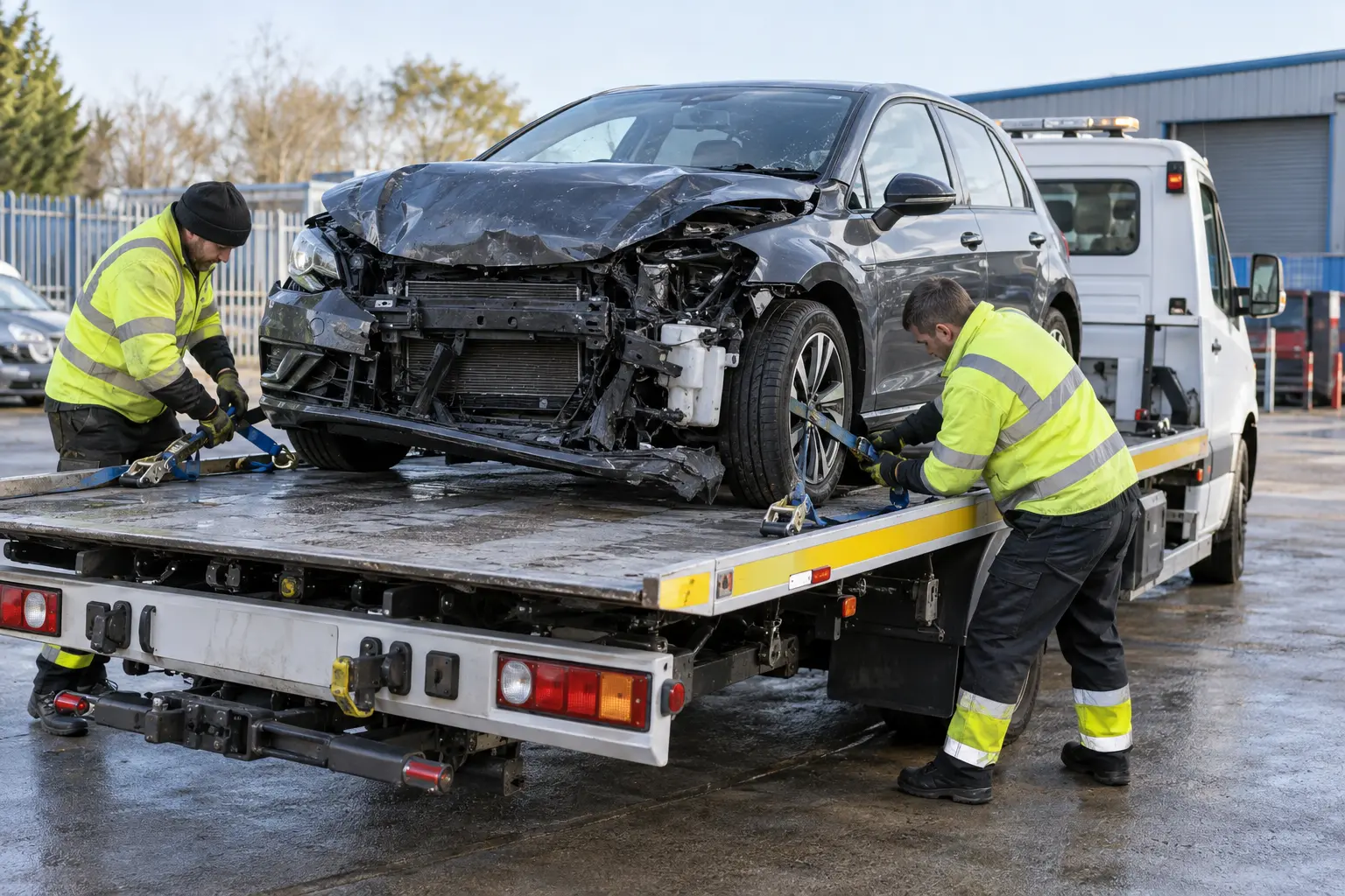 Recovery crew securing a collision-damaged car on a flatbed truck