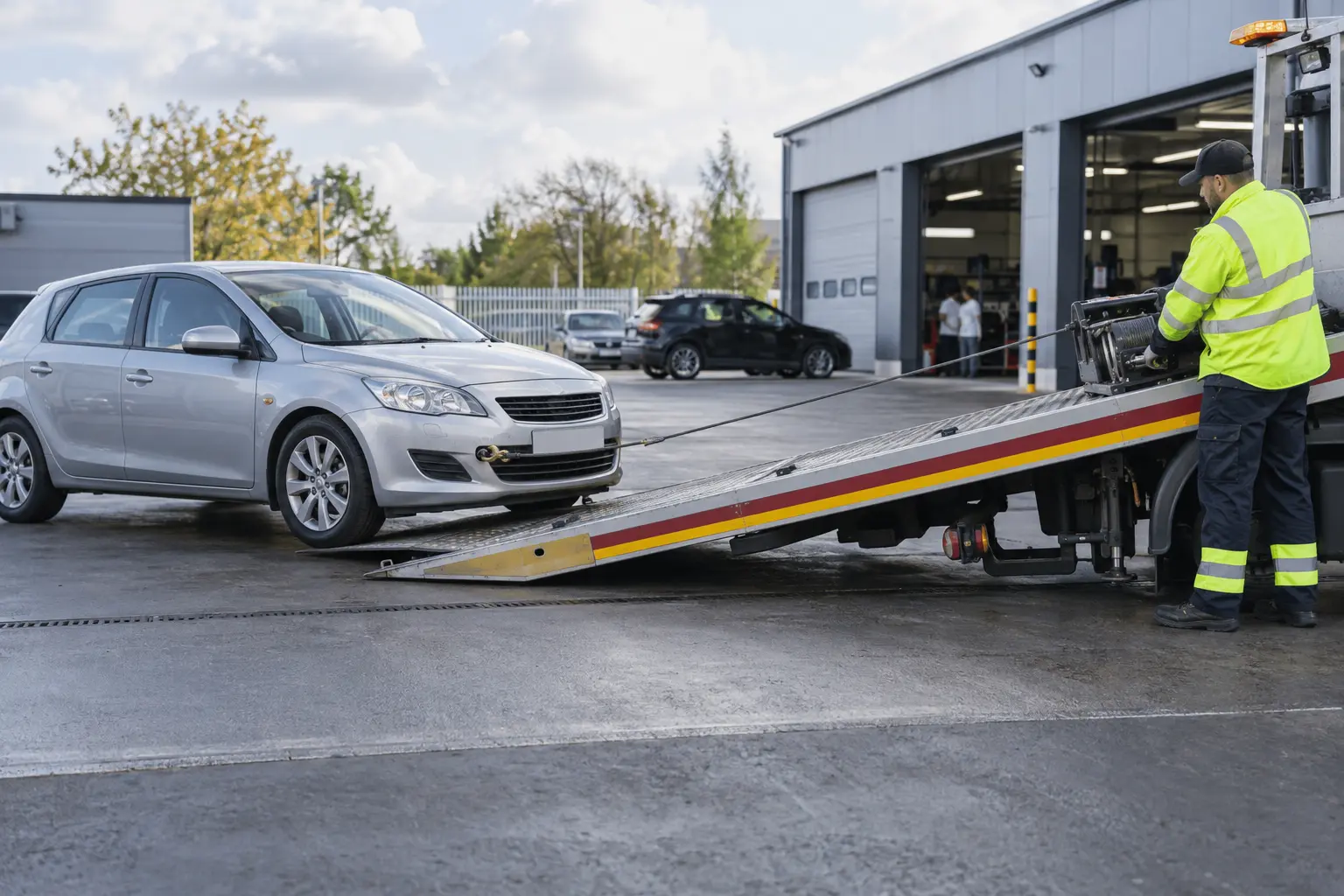 Recovery operator winching a non-running car onto a tilt-bed truck