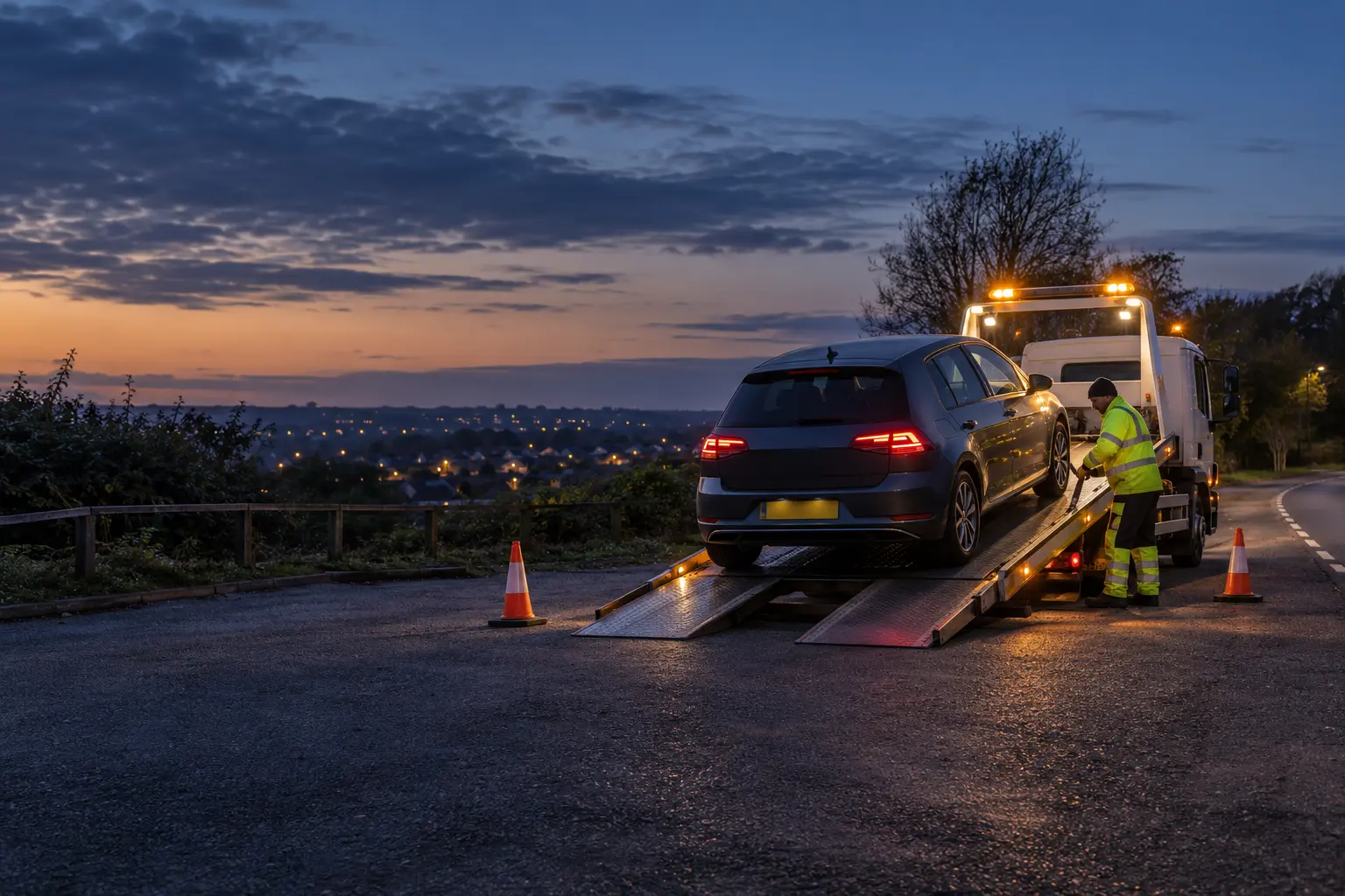 Recovery operator loading a broken-down car onto a flatbed truck at dusk