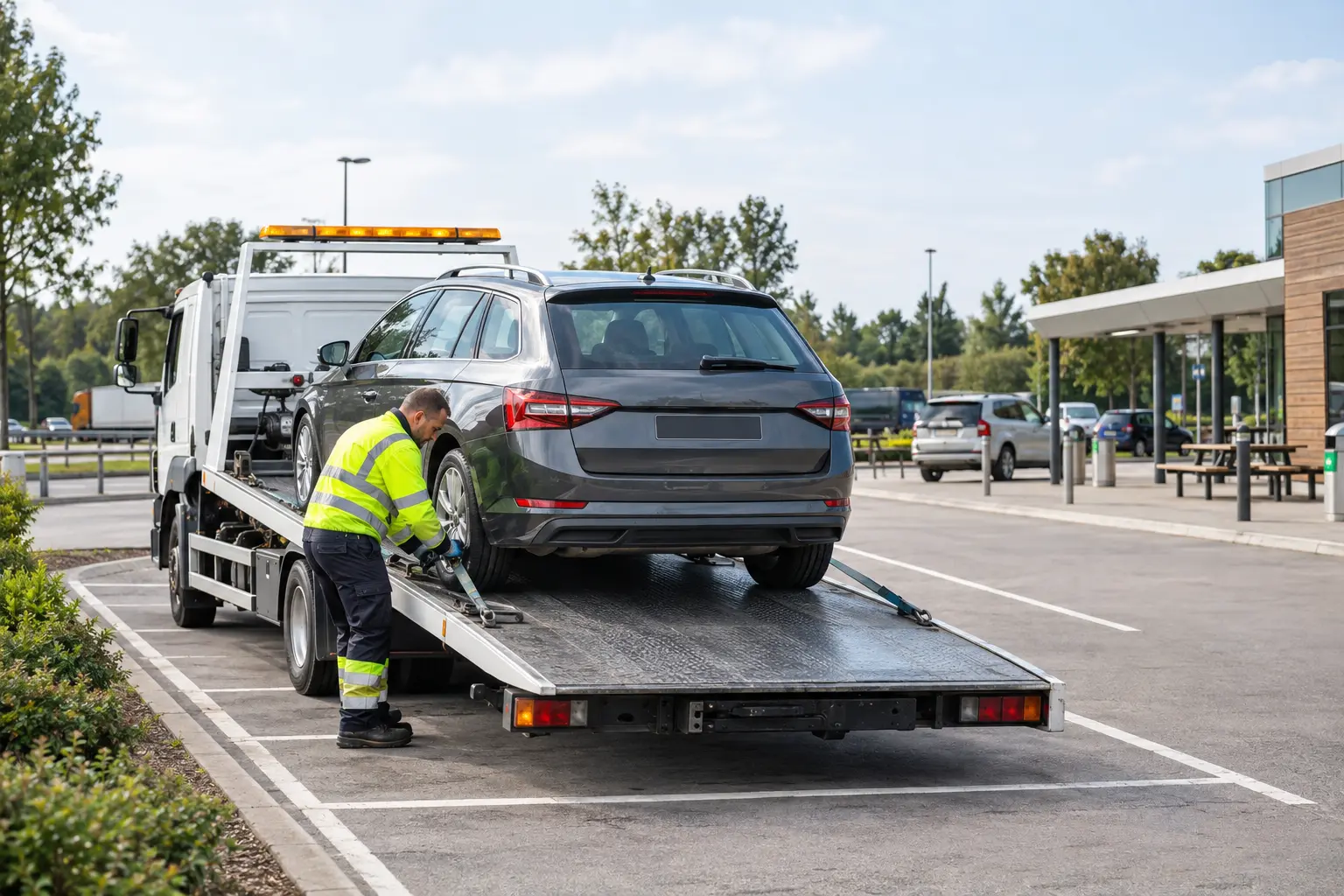 Recovery operator attending a car safely at a motorway service location