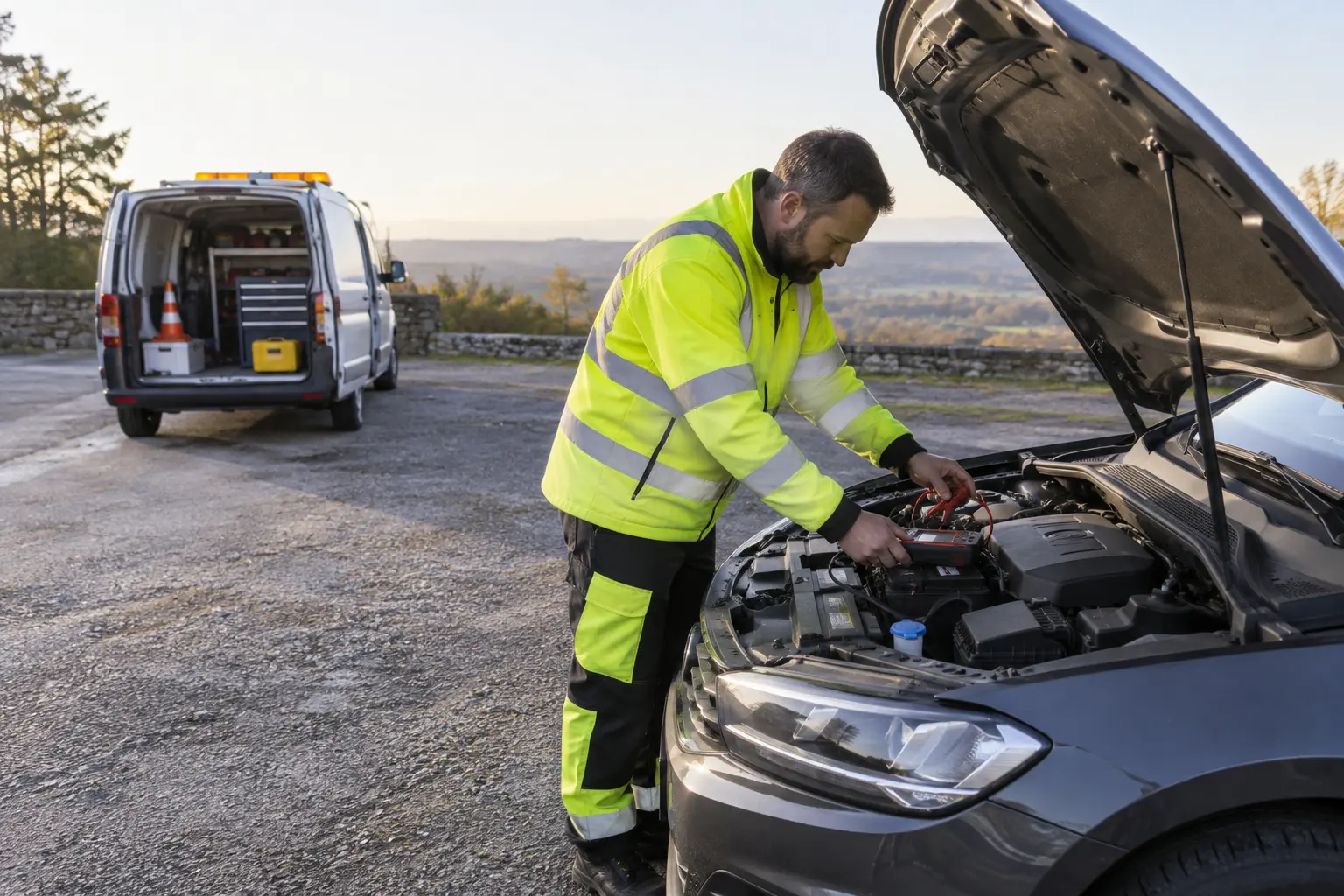 Recovery technician assessing a roadside vehicle problem safely